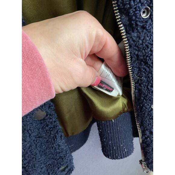 Volcom VTG Teddy Bomber Jacket S Navy Blue Lined Warm Zip Pockets Sherpa Fleece - Picture 4 of 7